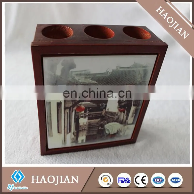 3 round holes wooden pen holder fancy pen holder desktop pen holder with ceramic tile