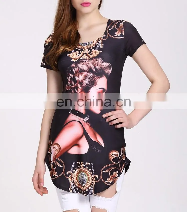 160g Qmilch Fabric Black Small Beauty Pattern Short Sleeve Women Fashion Shirt Tops