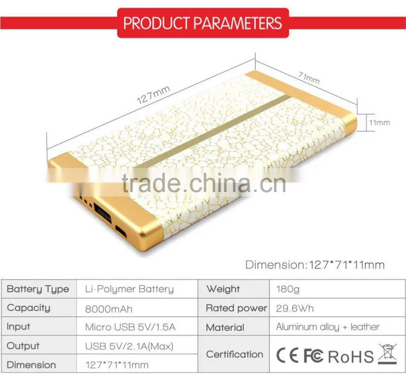 OEM/ODM 8000mah mobile leather power bank