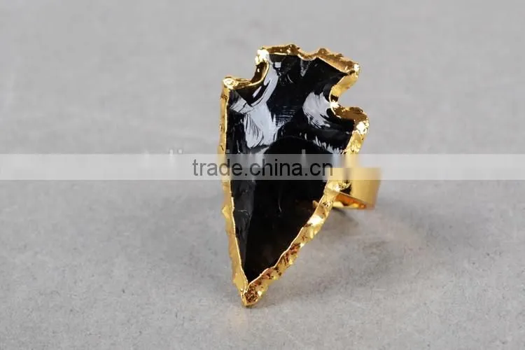 Natural rough black obsidian stone arrowhead ring jewelry