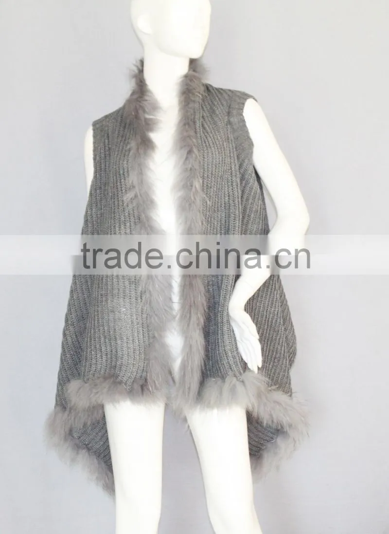 QD80274 2015 New Design Free Size Sweater Knitted Raccoon Fur Cardigan Vest