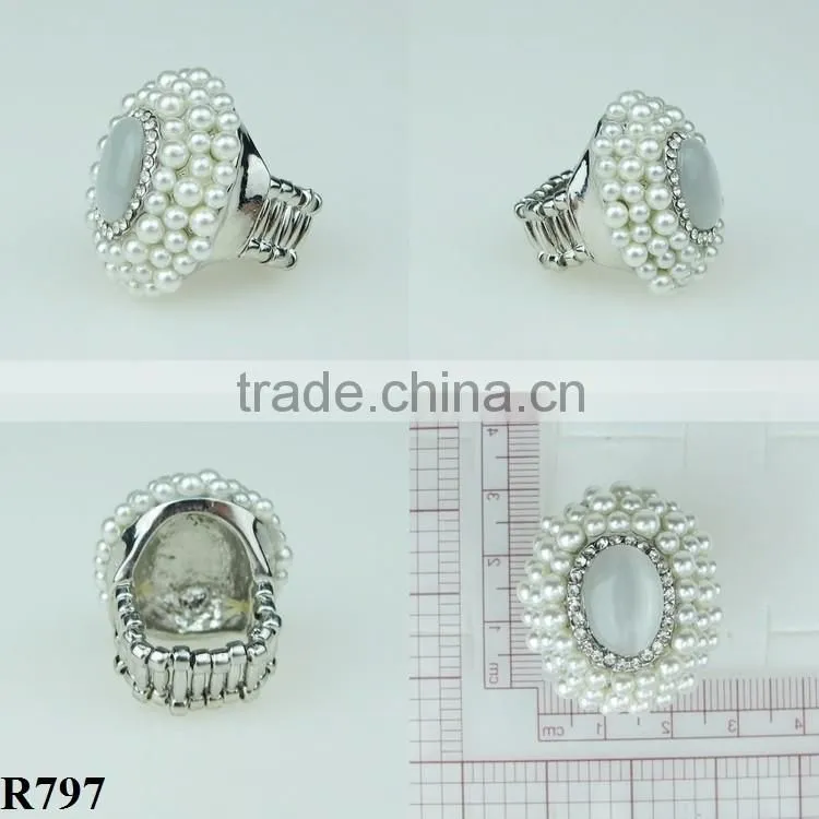 Plated silver pearl ring rhinestone rings big opal ring R797
