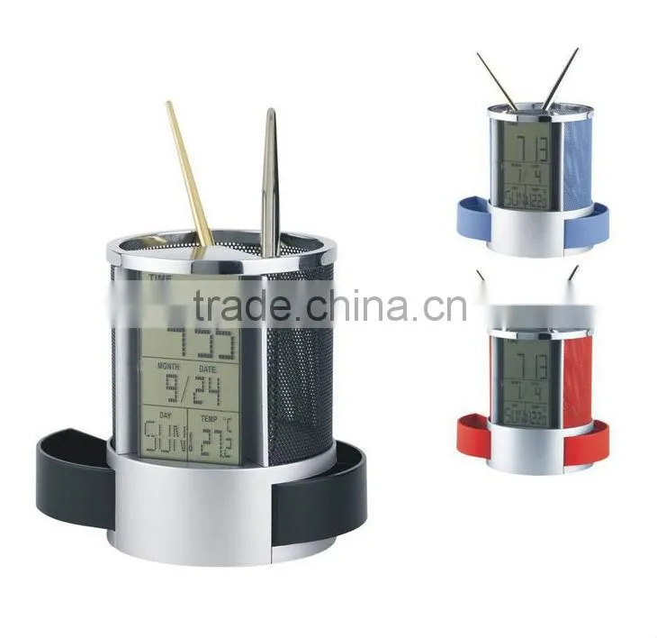 Mesh metal fashion table calendar clock penholder