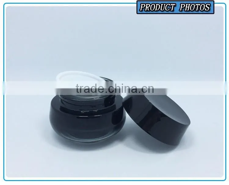 Black colored empty cosmetic packaging glass bottles and jars