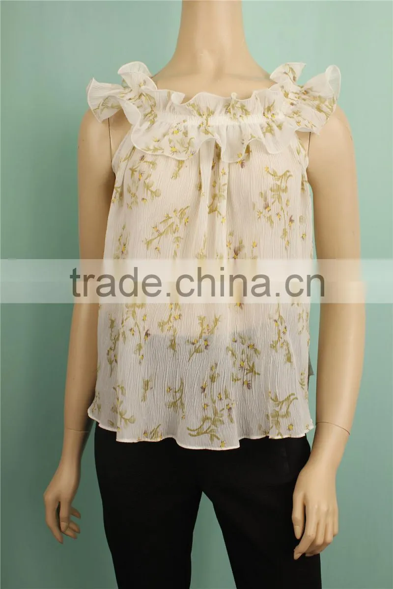 2016 S/S Sleeveless women summer printed chiffon blouse