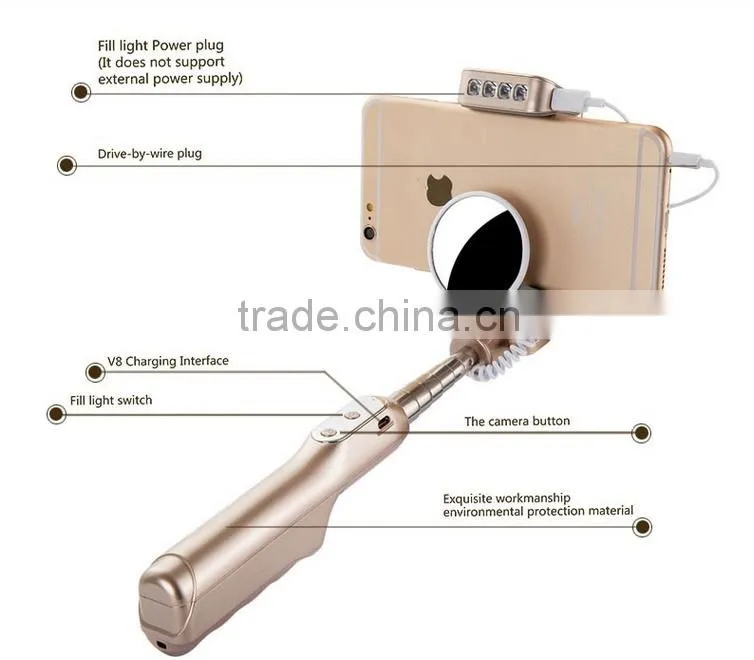 2016 new design Power bank mini monopod selfie stick with flash light and mirror