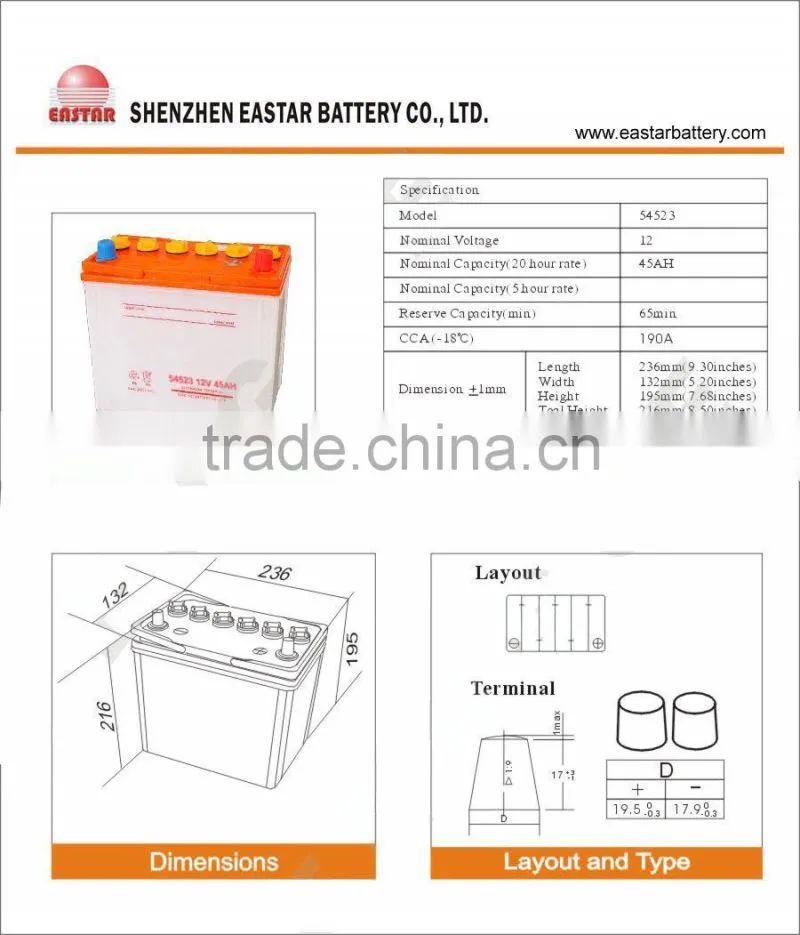 High quality 12V Battery 45AH Dry charged EASTAR brand car battery
