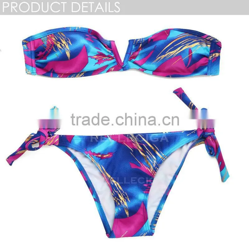 New Scribble Foil Pattern V Wire Bandeau Shiny Metallic Bikini Swimwear in Elastic Bikini Fabric by RELLECIGA