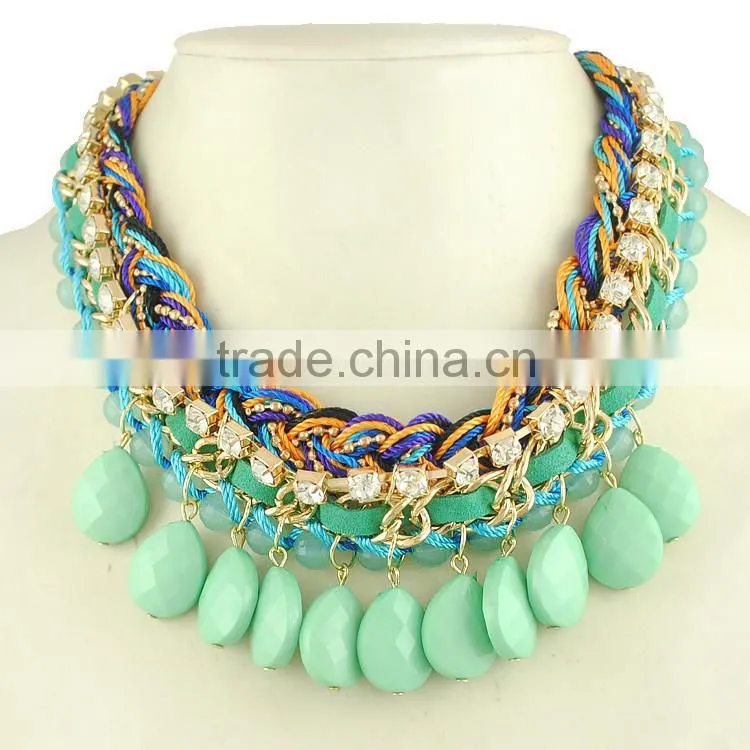 weave turquosie large bead bib necklace, elegant beaded necklace