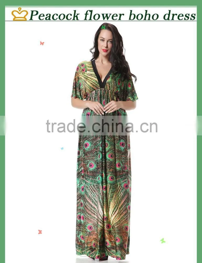 Beach skirt bat sleeve Bohemia peacock flower dress