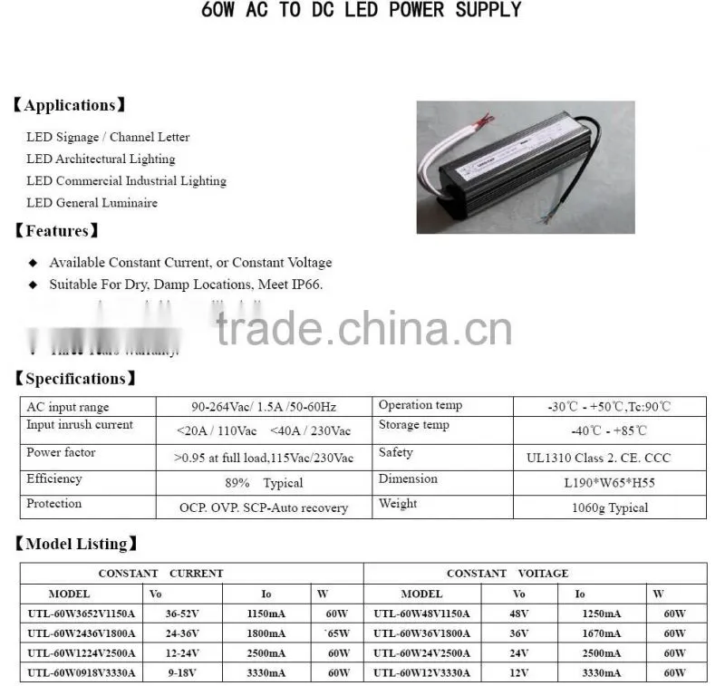 wholesale UL PSE CE ROHS approval 60W constant current and constant voltage led driver for indoor led lighting
