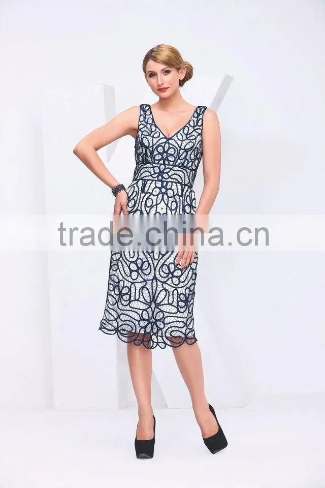 Sleeveless knee-length V-neck blue lace alibaba dresses