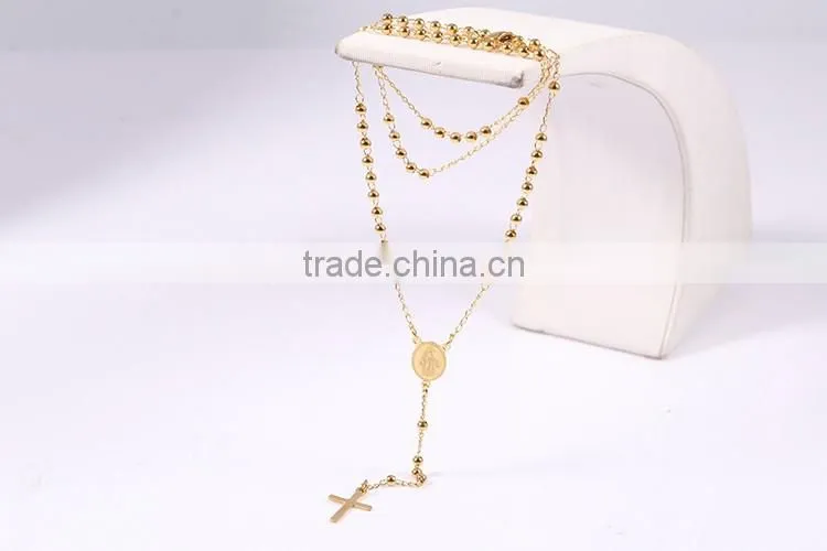 Fashion latest design gold plated beads long chain cross pendant necklace