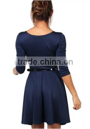 Womens 3/4 Sleeve Belted Flare Skater Dress Pleated Slimming Mini Tunic
