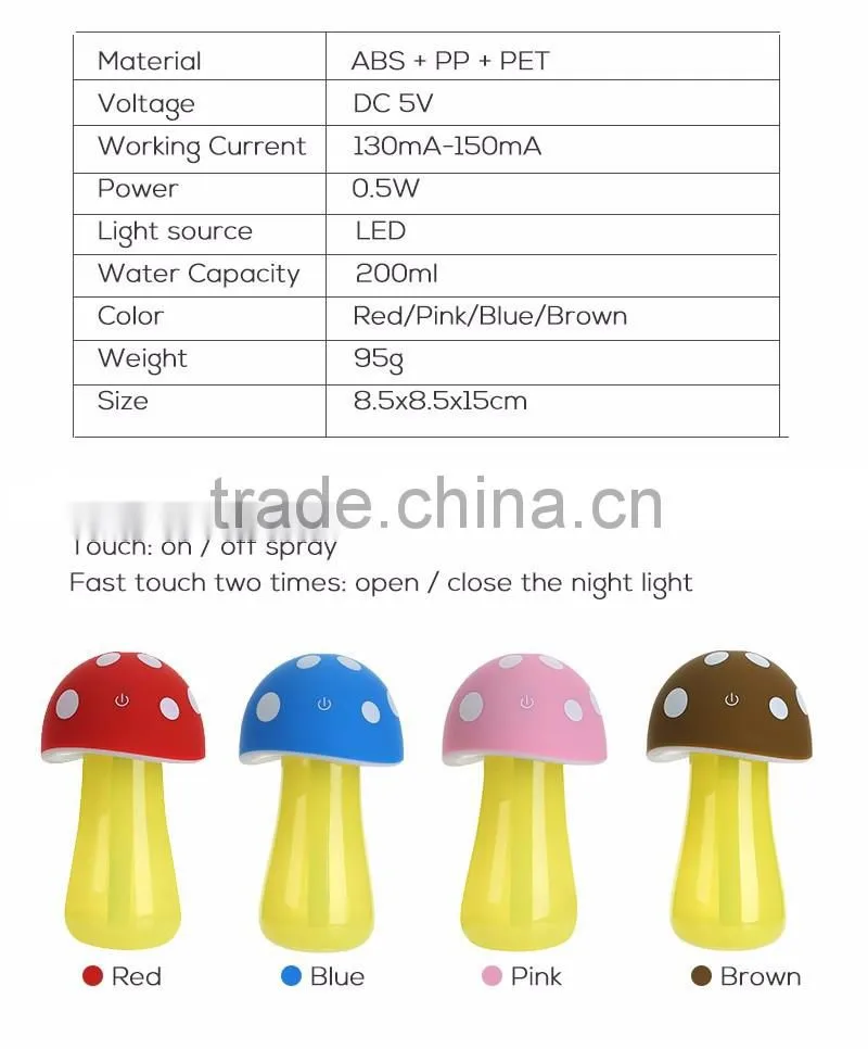 USB Mushroom Humidifier Led Light Diffuser Touch Button Ultrasonic Humidifier Cartoon Humidifier