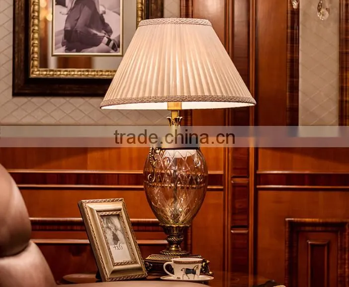 Olivary design clear glass body metal bottom fabric lampshade table lamp