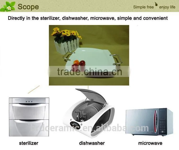 Wholesale stock cheap plain white ceramic plate with Metal handle