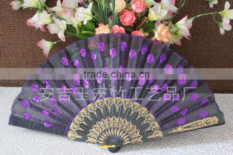 Plastic lace hand fan with embroidery peacock design