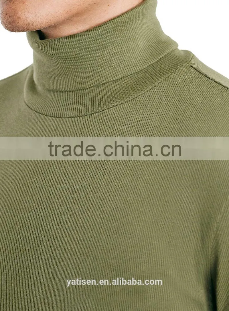 Khaki Ribbed Roll Neck men T-Shirt Wholesale Customized Logo Organic Cotton gym muscle long sleeves T shirts