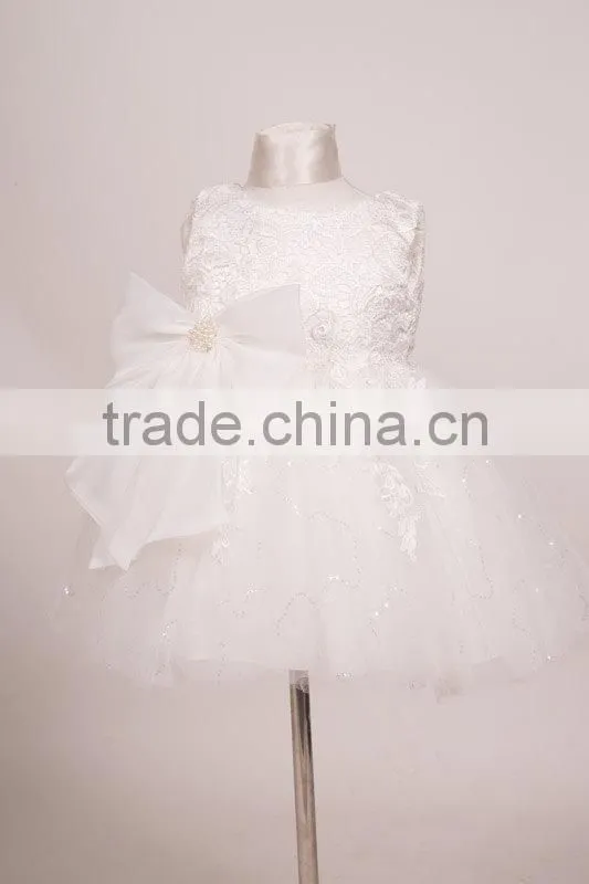 Modest Fashion Plain White Kids Fancy Girls With Bowknot Lace Dress