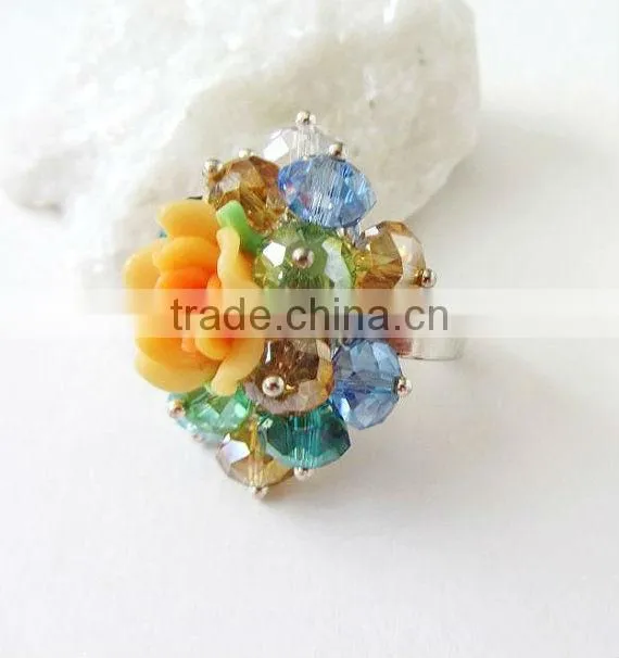 fashion pink burst flower rings, crystal ball bead rings, new products for 2013