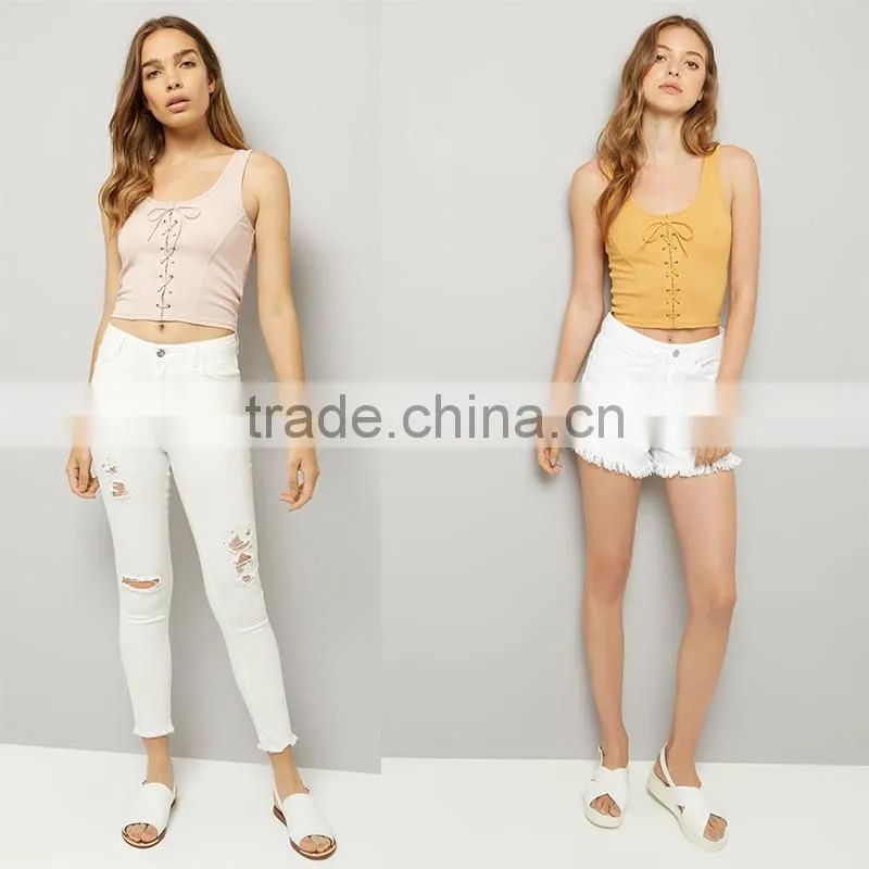 Wide shoulder straps lace up ribbed cropped tank womens black vest tops