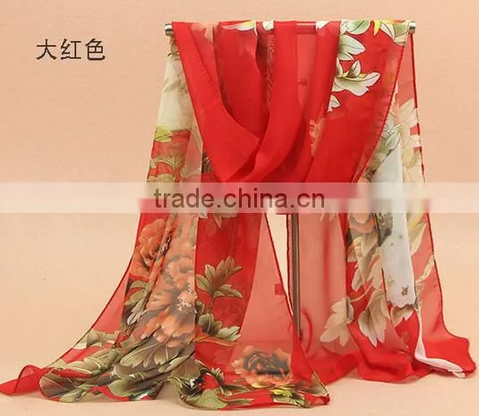 Fashion Women Chiffon Scarf Spring Summer Peony Flower Printing Elegant Lady Shawls Scarves