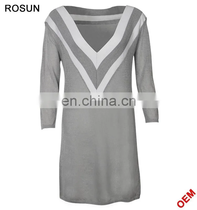 Ladies V-neckline Uniform Pattern Long Knit Dress in Gery