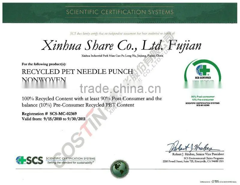 Recycled PET Bottle Fabric (USA SCS RPET Certified )