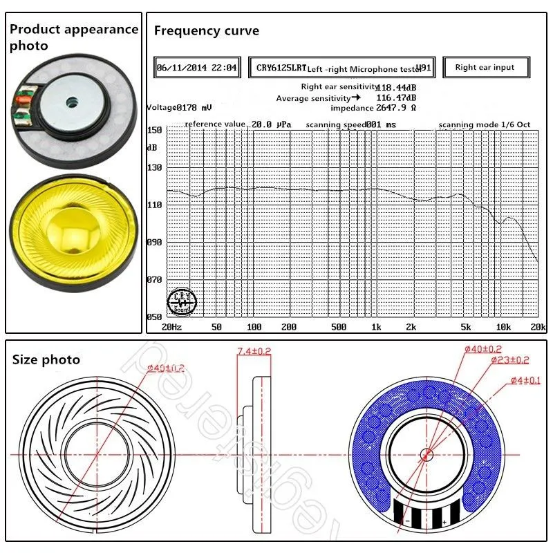 40mm headphone driver unit 32 ohm speakers gold metal speaker