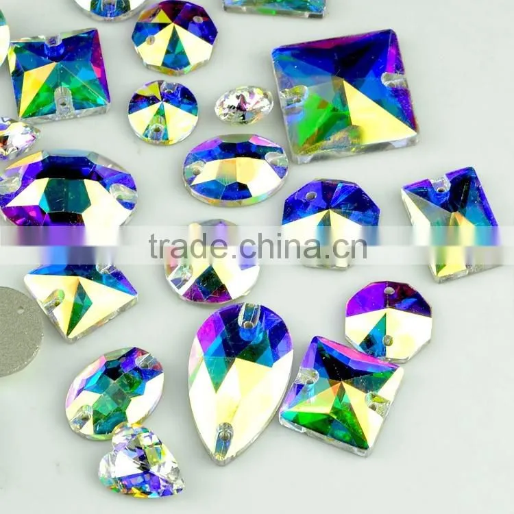 2016 New Top Quality blue flare crystal AB sew on strass , shaped flat back sew-on crystal stones for bulk wholesale