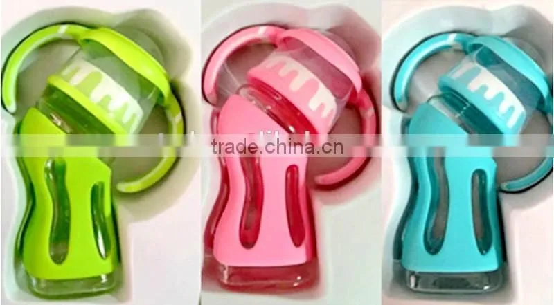 New design high borosilicate glass baby feeding bottle pink green bule color with temperature sensing base