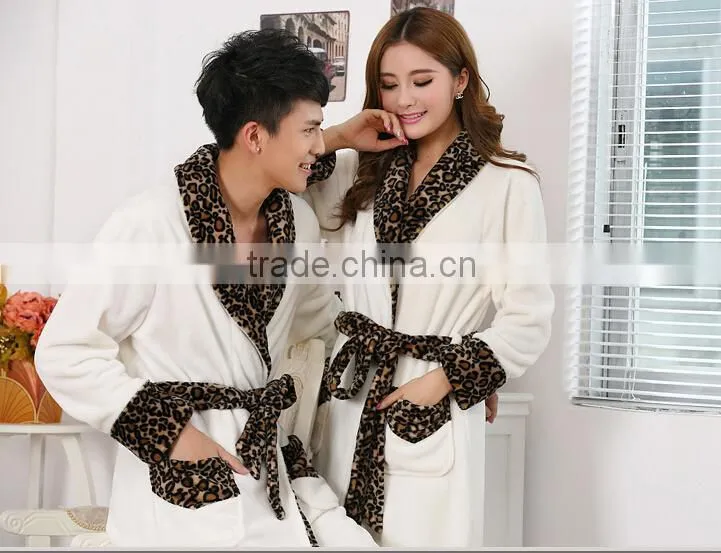 2015 new design warm terry couples sexy leopard bathrobe
