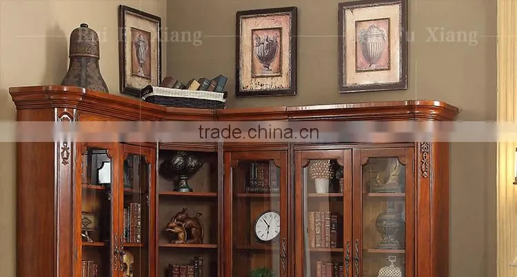 American style wooden bookshelf combination sideboard with glass door and handmade carving AI-202