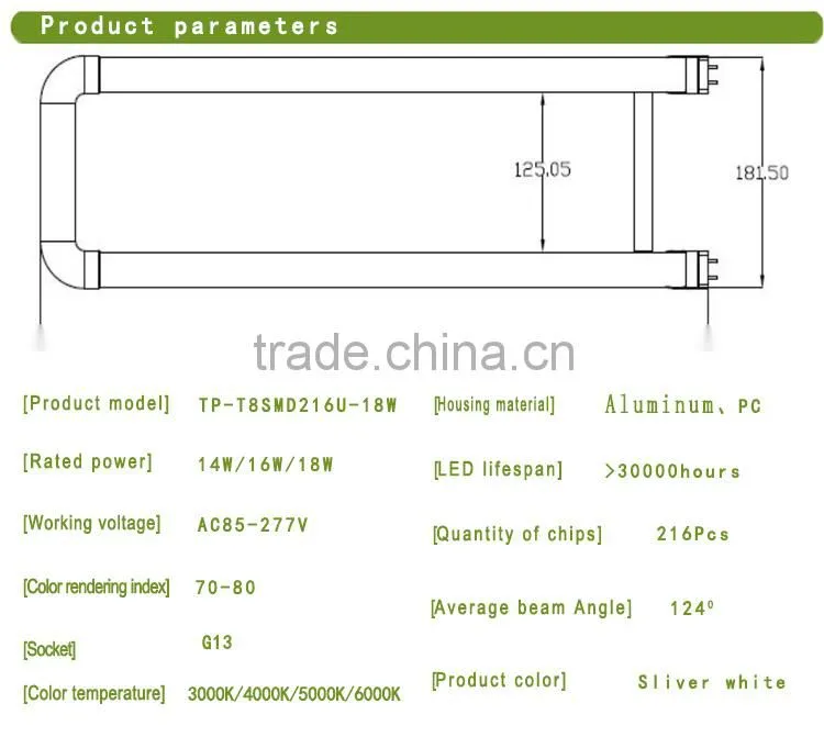 Made in China america u-tube no dark space 16w 18w t8 2ft led u bend tubes lamp