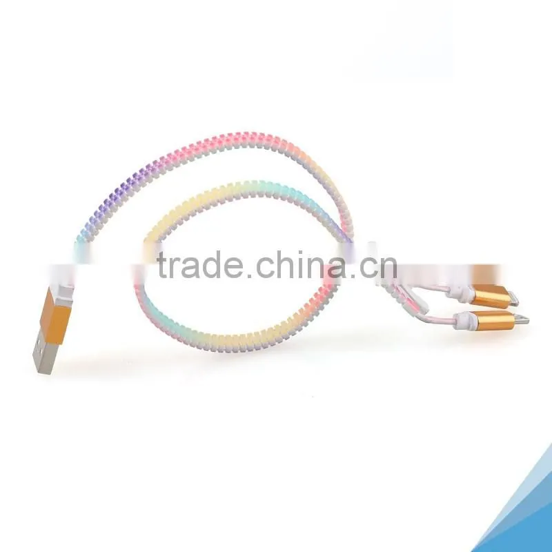 2016 new product funky zipper wire data line USB 2in 1 cell phone data cable
