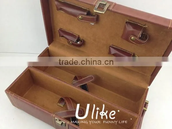Hot Sell Fashion PU Leather Wine Gift Package With Handle leather wine box package for three bottles with wine accessories
