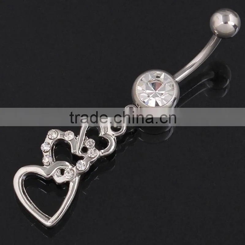 Cubic Zirconia Triple Heart Belly Ring Stainless Steel Body Piercing Jewelry