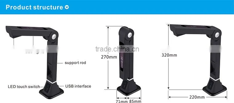 Super portable USB visual presenter A4 shooting size from ISO factory