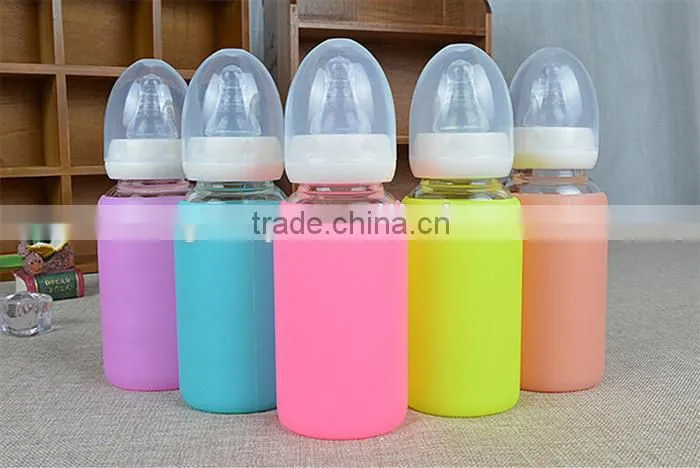 High quality cute baby feeding bottle,food grade BPA free baby feeding bottle,silicone glass milk bottle for baby feeding