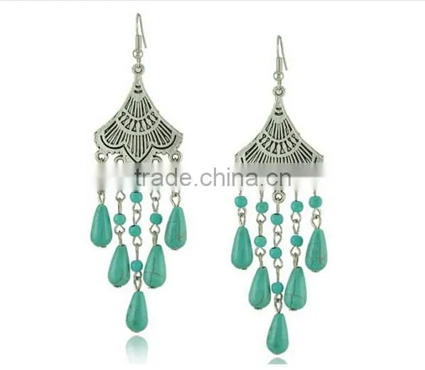 2016 Fashion New Bohemia Bead Pendant Gypsy Style Turquoise Tassel Long Dangle Earrings