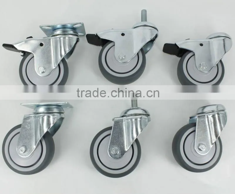 High quality 3" TPR caster with top plate, 75mm TPR caster with brake