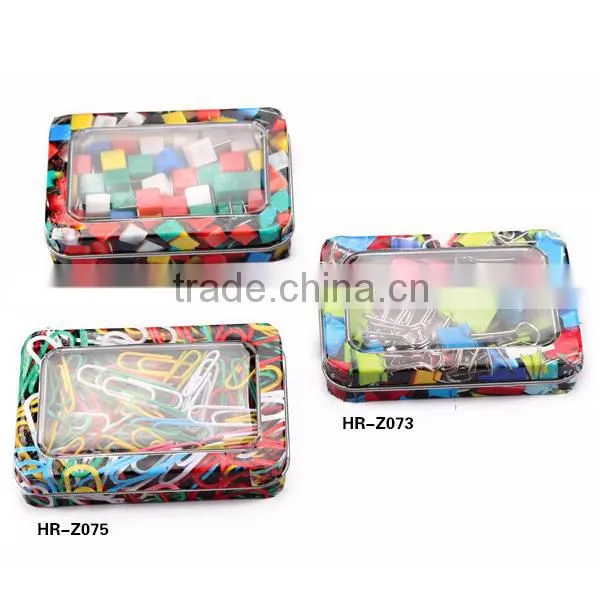 2015 new mini plastic paper clip set with colorful tinplate box packed