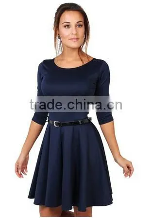 Womens 3/4 Sleeve Belted Flare Skater Dress Pleated Slimming Mini Tunic