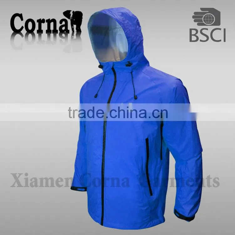 Men's blue nylon 3 layer windbreaker jacket