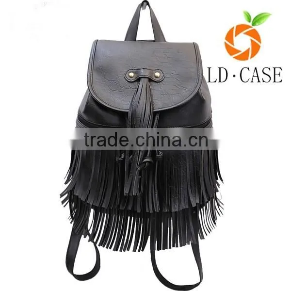custom high quality leather women bag tassel rivet girls backpack
