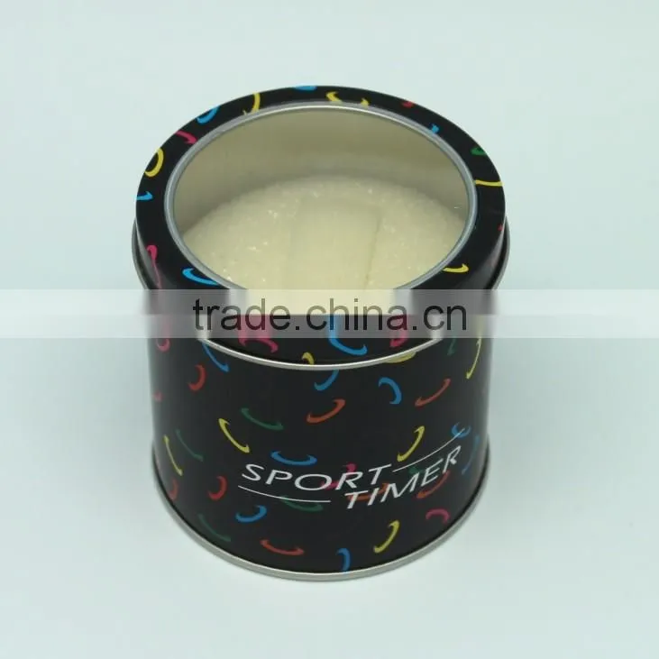 Wholesale with PVC window lids ponge inside logo and color printing round tin can manufacturer