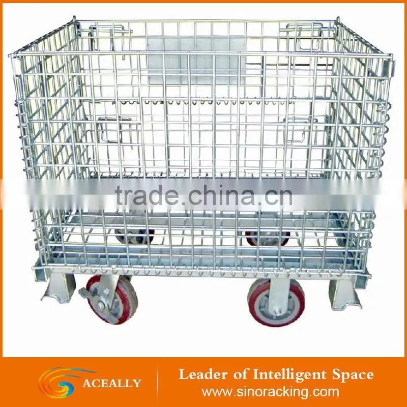 Aceally Foldable wire mesh pallet box/demountable steel storage cage for sale