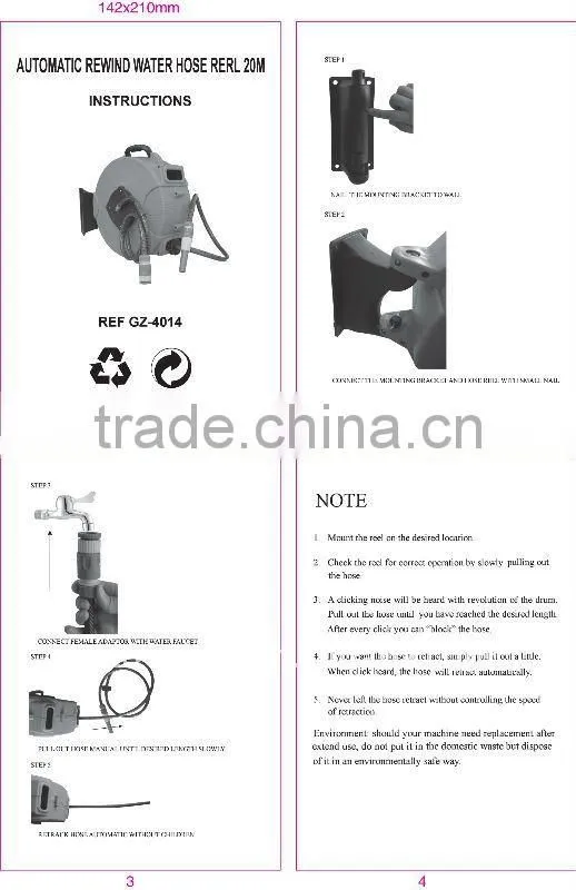 automatic water hose reel with 15M 3-layer PVC hose