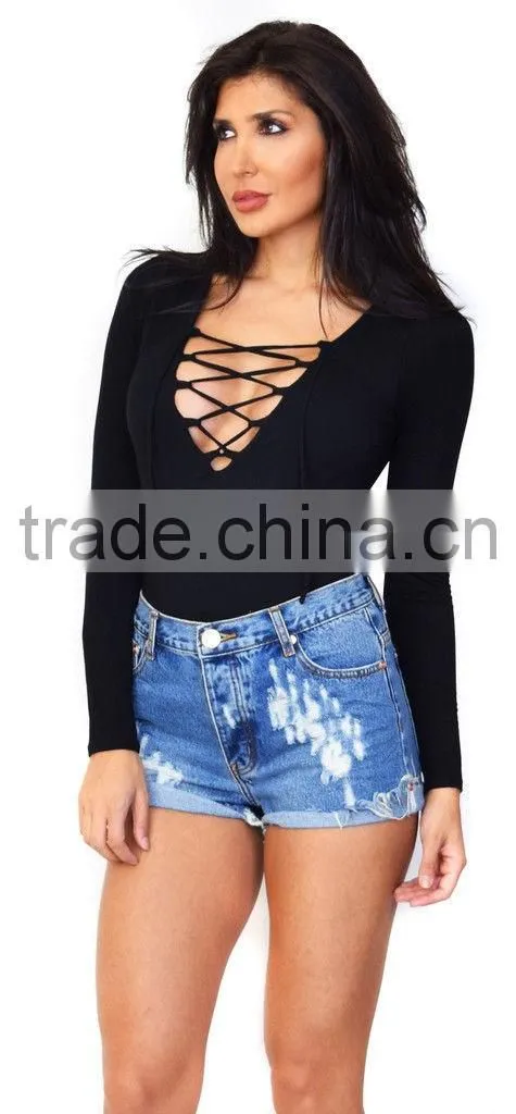 Sexy Lace-Up Women Plunge Suede Longsleeve Tie Front Bodysuit Leotard Blouse Top